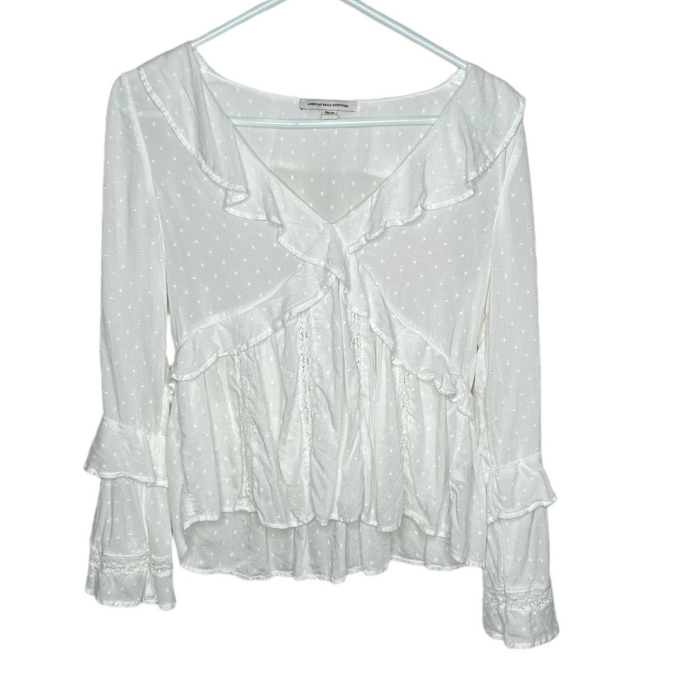 American Eagle Outfitters Ruffled Deep V-neck Double Ruffled Sleeve Swiss Dot XS - Picture 1 of 4